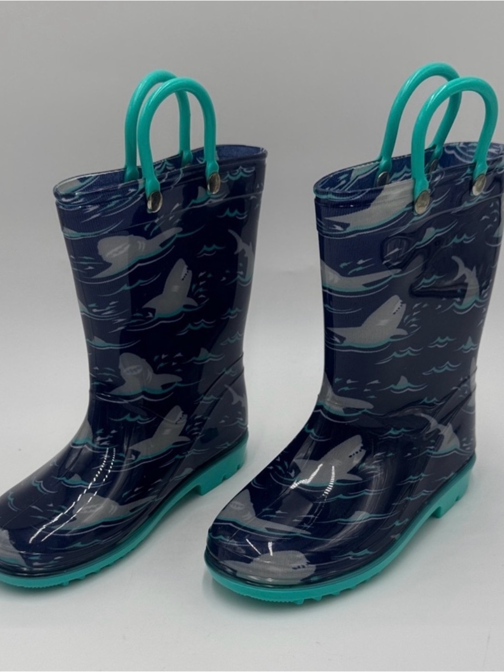 Kids Navy Shark Rain Boots with Teal Handles Size 10